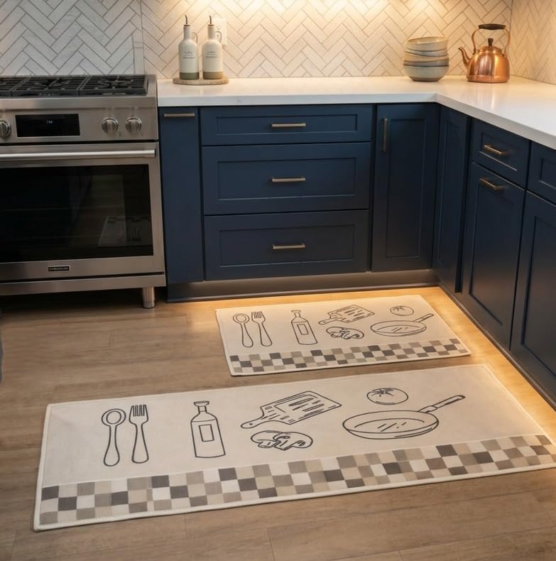 Image of HomeCloud Anti Fatigue Kitchen Rug Printed Thick Anti Slip, Washable, Big Size, Designer Folding Kitchen Mat for Home BedroomStandard Size (41 x 122 cm 41 x 61 cm) (Check Box Tools Beige)