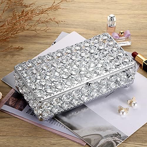 Tolida Crystal Jewelry Treasure Box, Trinket Organizer with Mirrored Bottom, Gift Display Box for Necklace, Rings, Earrings, Wedding Birthday Party Centerpiece Decor (Rectangle, Silver, Big)