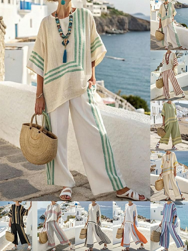 Chándal de verano para mujer, conjunto de 2 piezas, camiseta de media manga y cuello redondo, pantalones de cintura alta, pierna ancha, trajes de verano