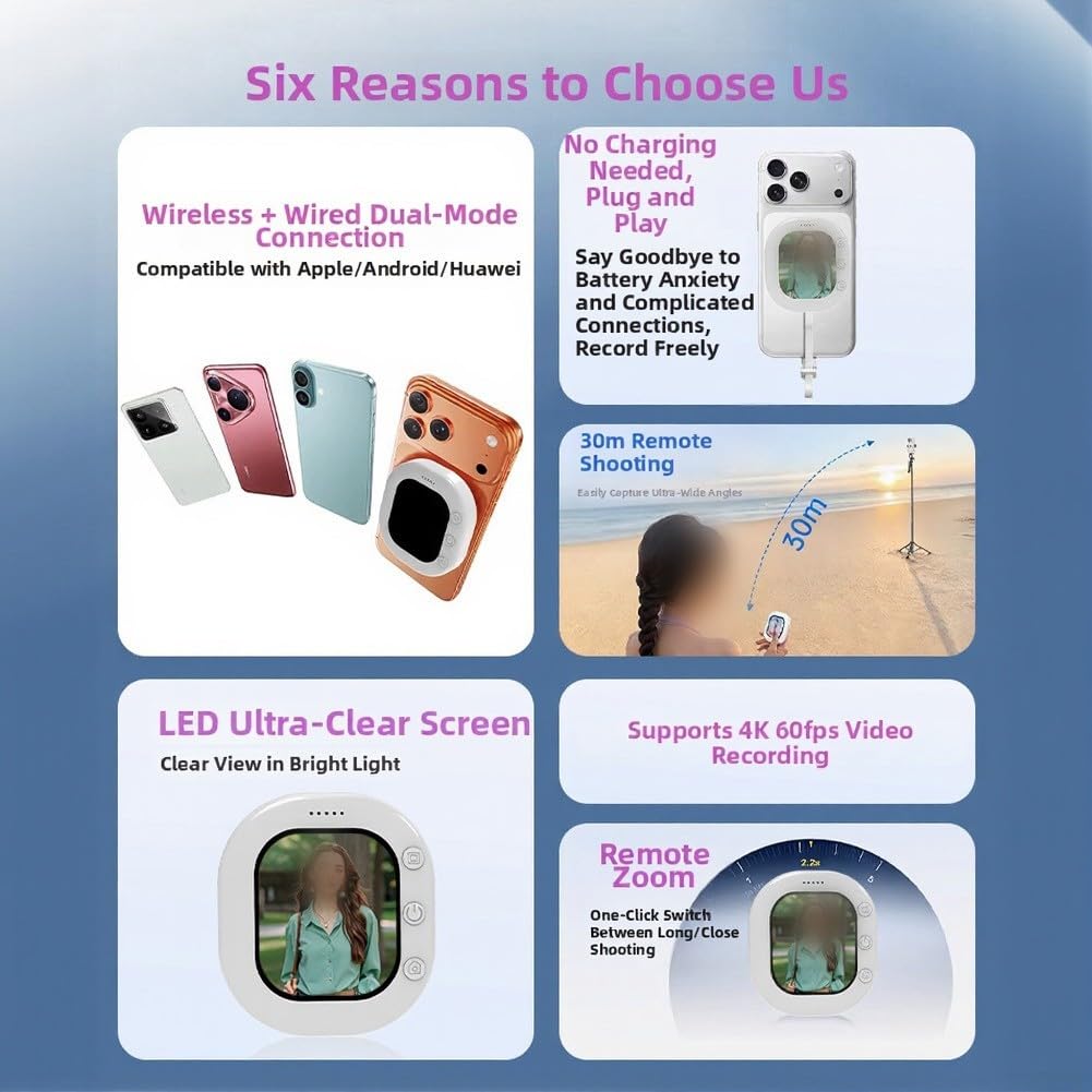 Vlog Selfie Monitor Schermo Per IPhone/Android, 4K Wireless Vlog Selfie Screen, Display Ad Alta Luminosità, Retro Magnetico Per Live Streaming