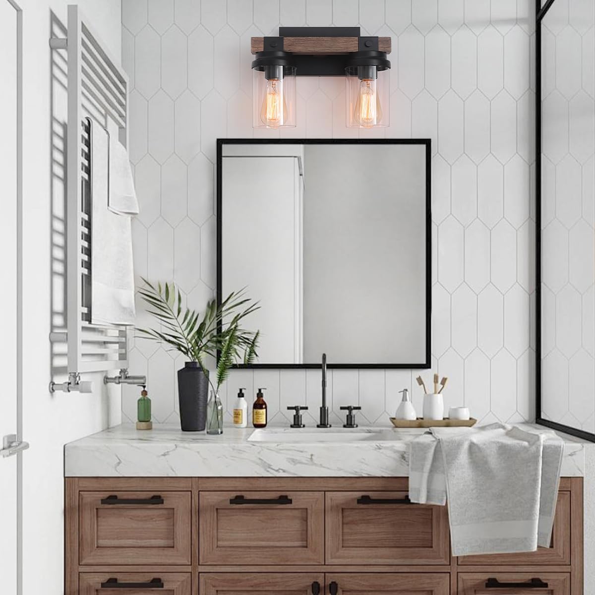 2-Light Farmhouse Wood Vanity Lights Black Bathroom Light Fixtures Over Mirror, Vintage Bathroom Lighting Fixtures Rustic Living Room Sconces Wall Lighting for Hallway Bedroom Dining Room