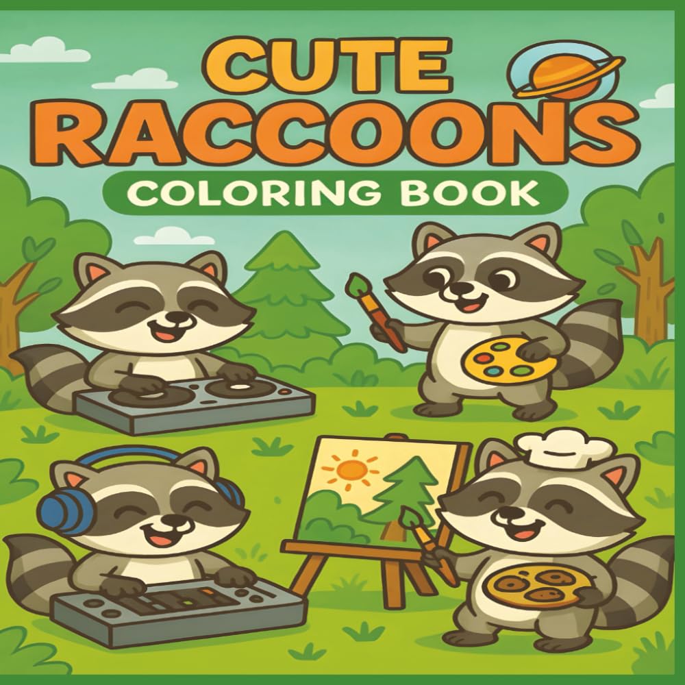 Cute Raccoons Coloring Book: 50 Adorable and Funny Raccoon Scenes for Kids to Color, Laugh, and Relax