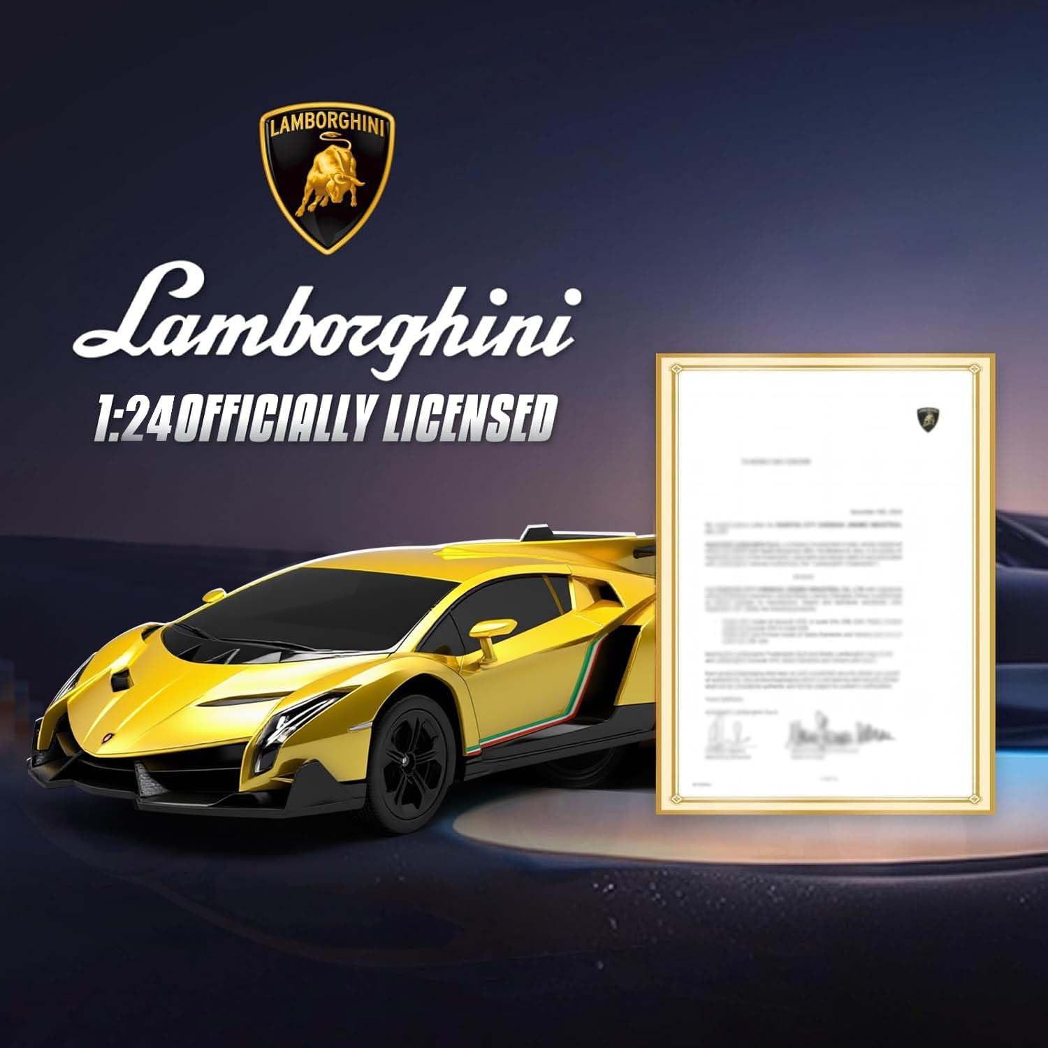 QUN XING Remote Control Car 1:24 Officially Licensed Lambo veneno RC Drift Car with LED Lights 2.4GHz 4WD 15KM/H Fast Speed Control Rechargeable Battery 800mah Birthday for Kids Boys 8-12,Yellow