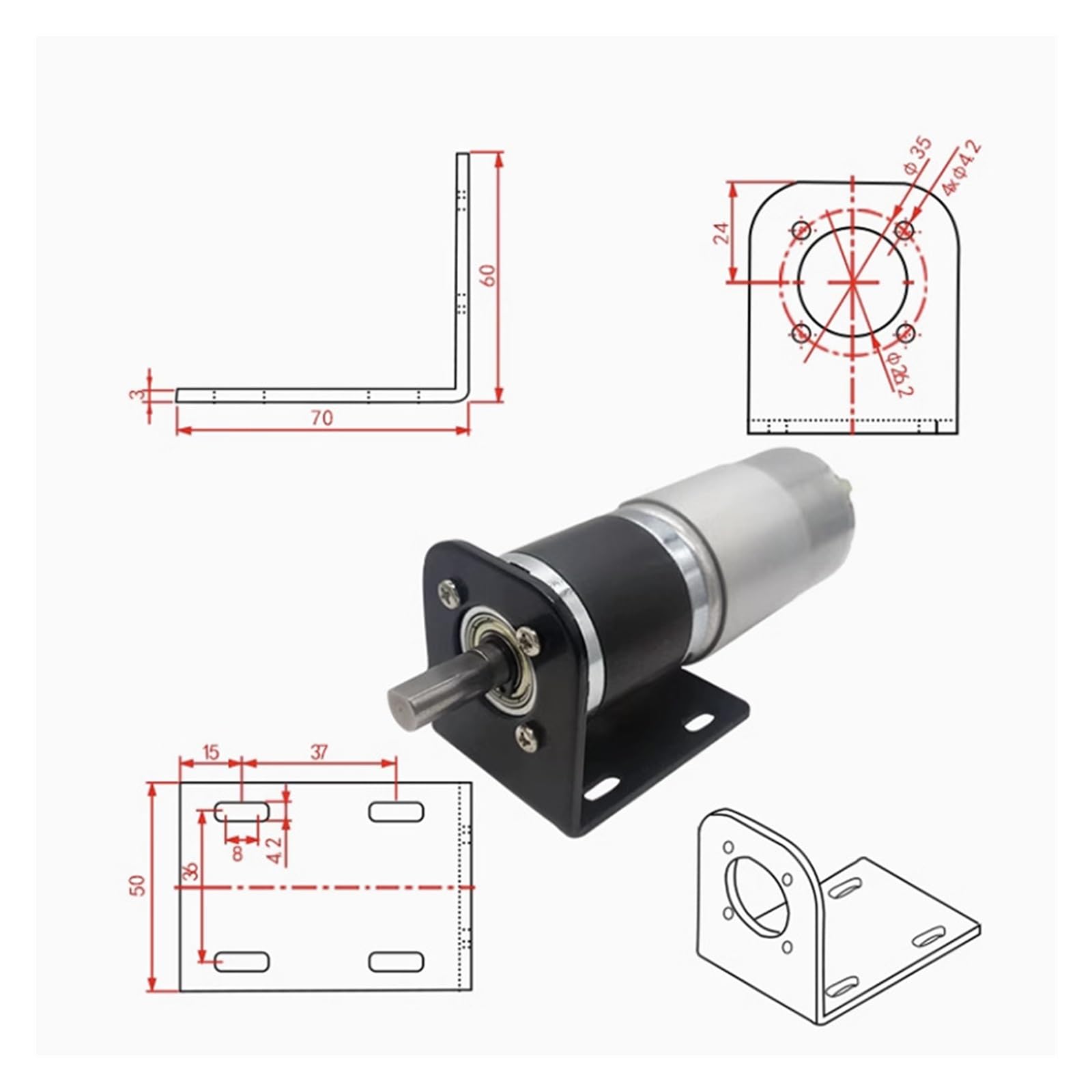 Planetengetriebe-Gleichstrommotor, max. 200 kg, 42GP-775, Metall, 12–24 V / 1351–7 U/min,Vorwärts-/Rückwärts-Drehzahlregelung per PWM, Wellendurchmesser 10 mm(14rpm,12V and bracket)