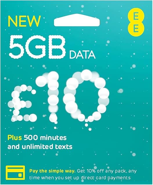 EE SIM Card UK PAYG £10 Bundle - 5GB + 15GB FREE DATA + Unltd Texts & 500 Mins + International Calling Option - (Love2surf RETAIL PACK)