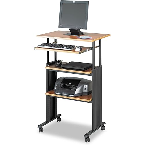 Safco MUV Adjustable-Height Desk – Stand Up & Move While Working in Comfort & Style – Mobile on Four Dual-Wheel Casters, Two Locking – Medium Oak Finish