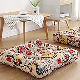 Boho Square Floor Seat Pillows Cushions 22' x 22', Soft Cotton Linen Bohemian Yoga Mandala Meditation Pouf Tatami Floor Pillow Cushion for Living Room Adults & Kids Casual Reading Nooks,Flowers Beige