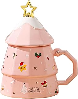 Christmas Mug with Handle,Xmas Ceramic Coffee Mug with Cup Lid & Spoon,Tea Cup,Christmas Tree Mug,Birthday Gifts,Party Decorations,Tea Mug,Novelty Ceramic Mug (Pink)