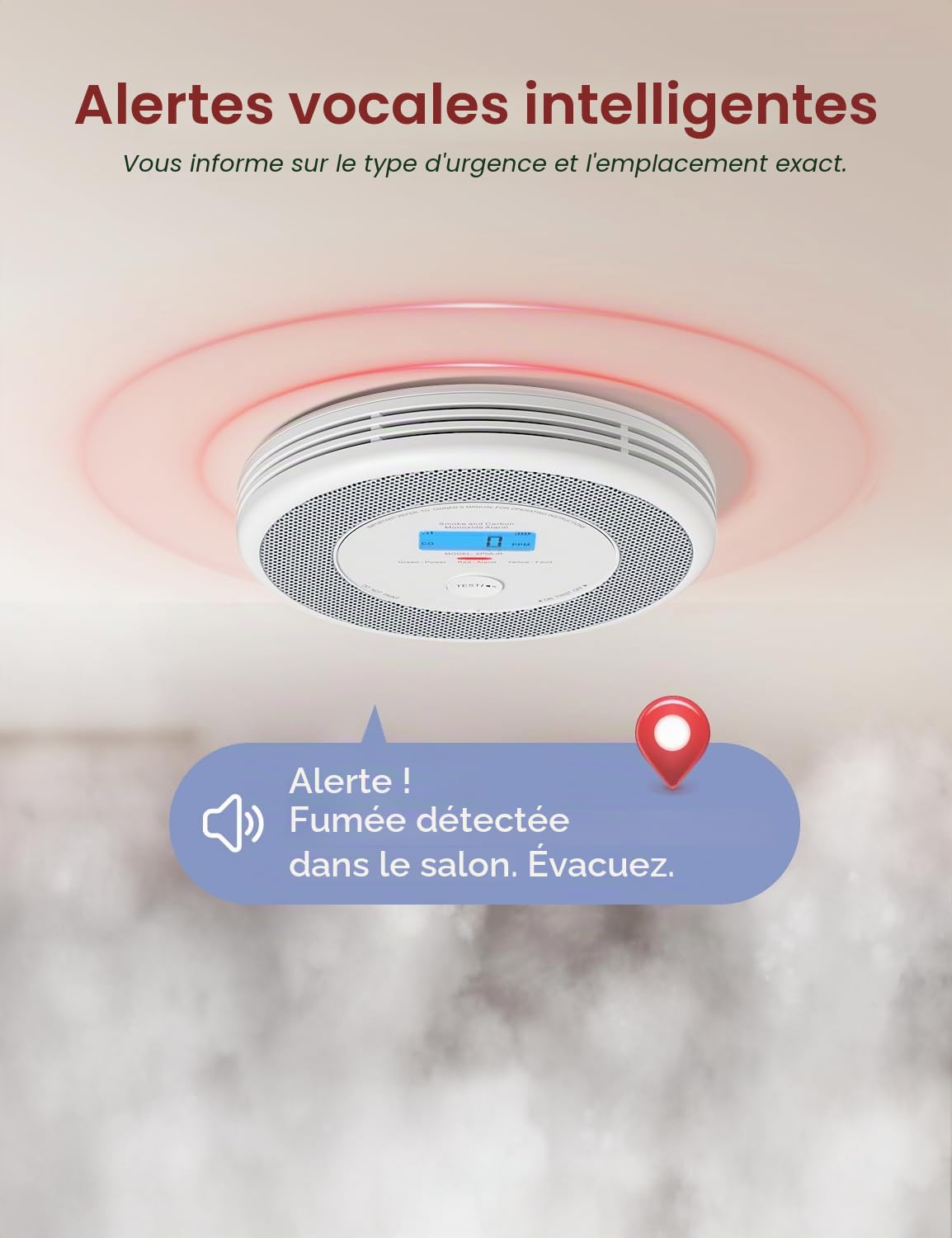 X-Sense XP0A-iR Détecteur de fumée et de monoxyde de carbone avec alarme vocale et annonce de localisation, Wi-Fi combiné pour 17 pièces définissables, compatible avec l'application de sécurité