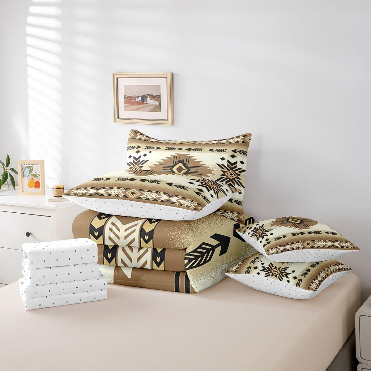 Southwest Native Bed Set Includes Comforter, Sheet Set, Pillowcases & Pillow Covers Southwestern Geometric 7 Piece Bedding Set, Room Decor Western Decor Bed in a Bag, Full Size Beige White Tribal