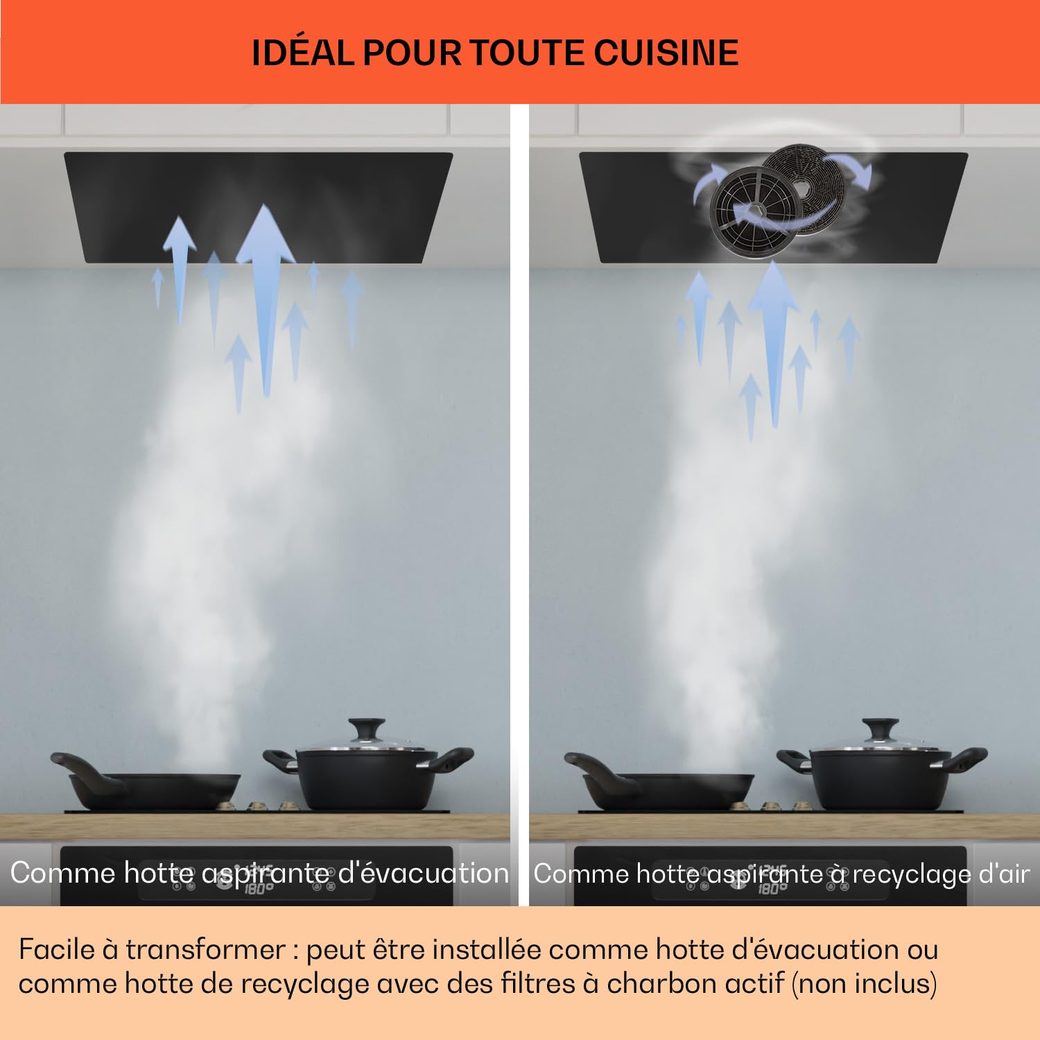 Klarstein Hotte Aspirante 90 cm, Hotte Aspirante Encastrable Silencieuse, de Cuisine 90cm avec Lampes LED, Débit d'Air Puissant 369m³/h, avec Évacuation, Commandes Tactiles