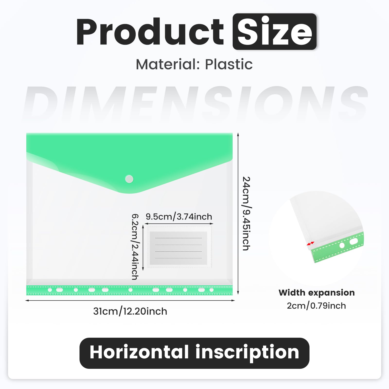 24 buste in plastica, 11 fori, espandibili, per buste a 2/3/4 anelli, formato A4, grande capacità, impermeabile, con bottone a pressione (orizzontale)