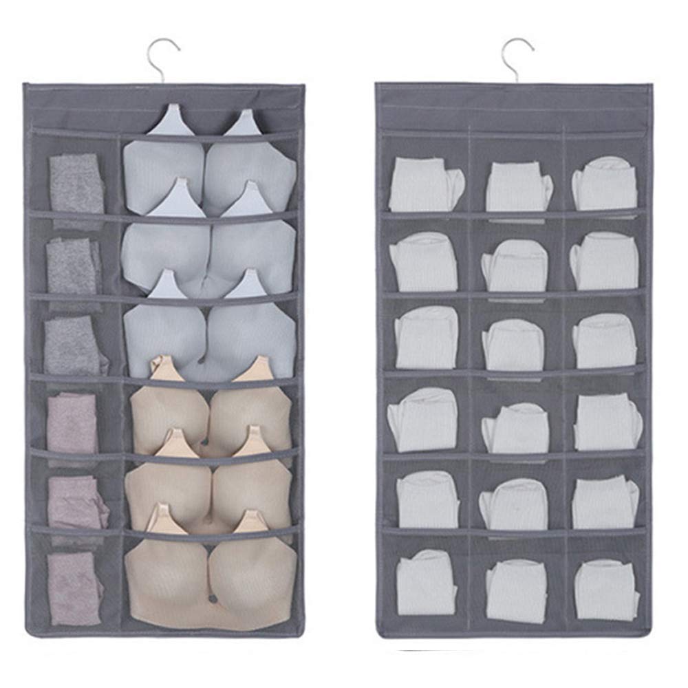 JinaraJinara Closet Hanging Organizer with Mesh Pockets & Rotating Metal Hanger,Dual Sided Wall Shelf Wardrobe Storage Bags,Space Saver Bag for Bra Underwear Underpants Socks (Style12+18 Pocket, Grey)