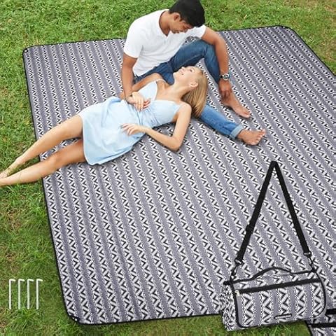 WICKERLAND Picnic Blankets Extra Large Outdoor - Beach Blanket Waterproof Sandproof with Shoulder Strap, Machine Washable, Picnic Mat with Stakes for Grass Concert, Park.BohoGrey Cover