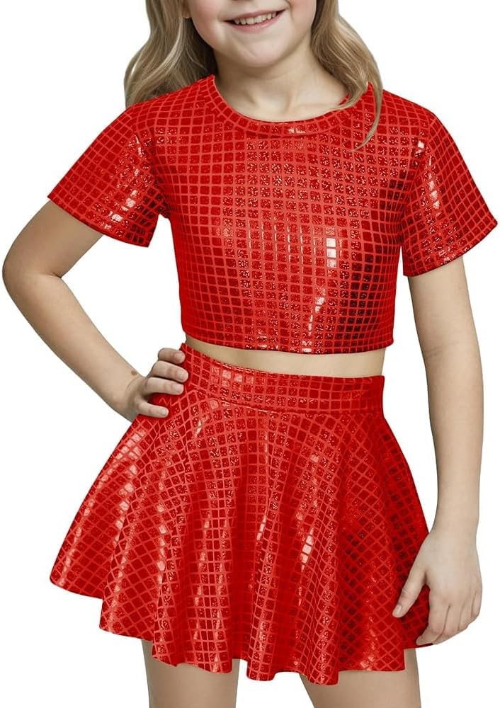 Happy Cherry Kid Girl Shiny Skirt and Top Set 2 Pcs Short Sleeve Metallic Disco Crop Top & Pleated Mini Skirt Set