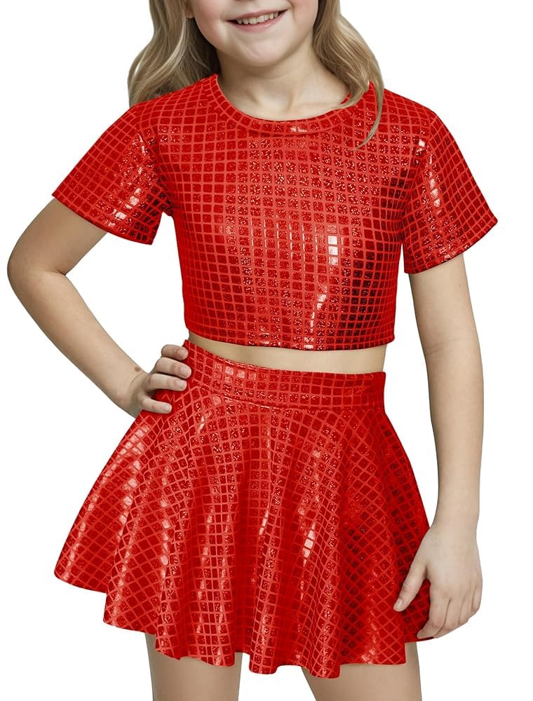 Happy Cherry Kid Girl Shiny Skirt and Top Set 2 Pcs Short Sleeve Metallic Disco Crop Top &amp; Pleated Mini Skirt Set