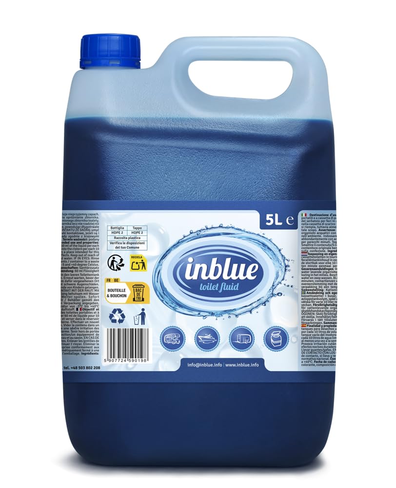 InBlue 5L Liquido Sanitario & Additivo WC da Campeggio 2 in 1 | Chimico WC, Per serbatoio acque chiare & scarico, Camper e roulotte