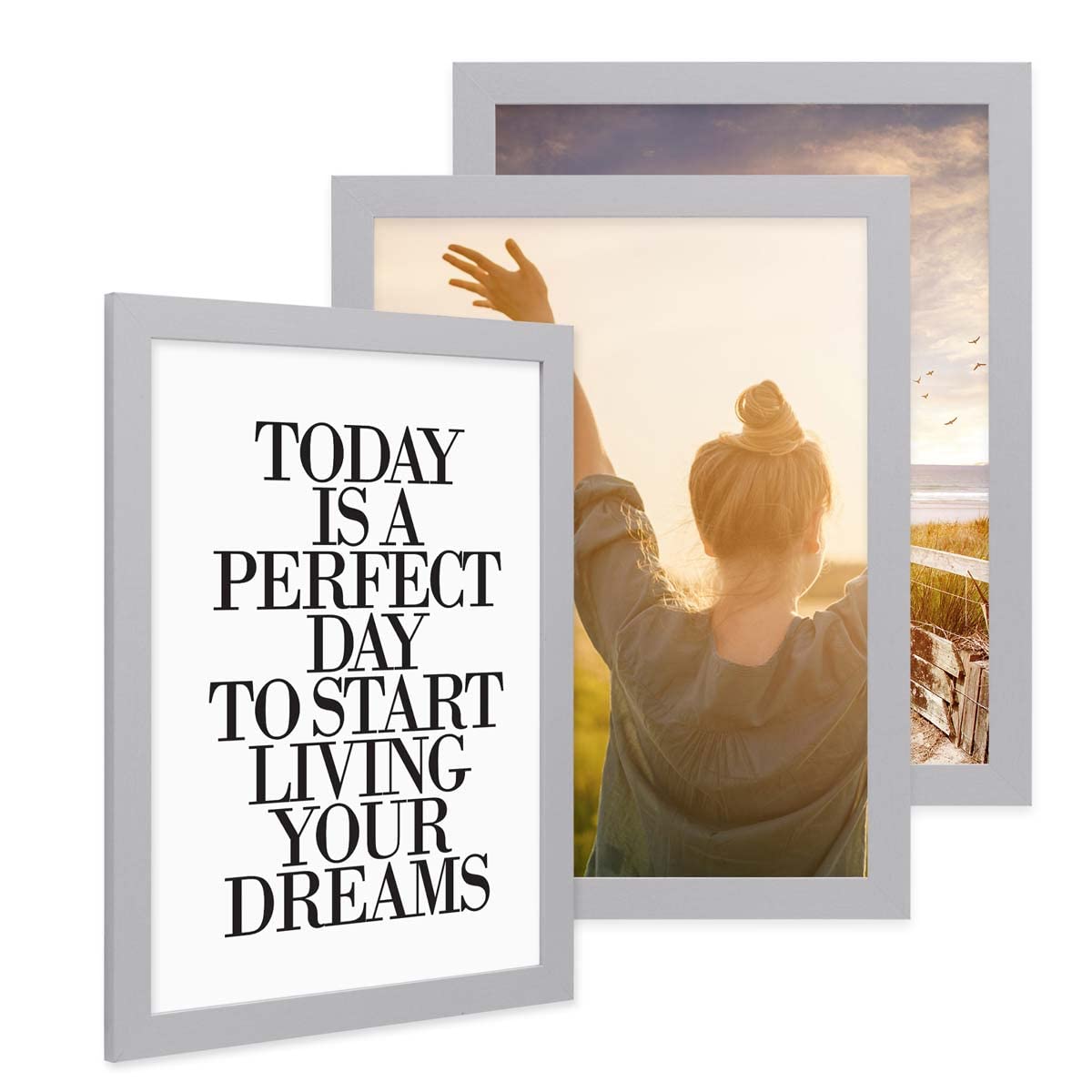 PHOTOLINI Marco 30x40 cm plata madera MDF, set de 3 marcos anchos, moderno, cristal acrílico sólido, para colgar, accesorios adicionales - para una decoración elegante de su pared