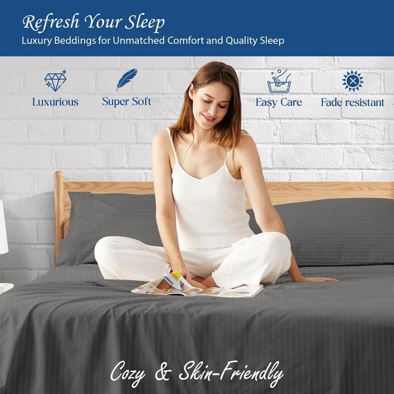 800-Thread-Count 100% Egyptian Cotton Sheets, Luxrious 6-PCs Sheet Set Stripe Pattern, Soft and Silky, Fits Mattress Upto 18-21'' Deep Pocket (RV-28 X 75, Dark Grey)