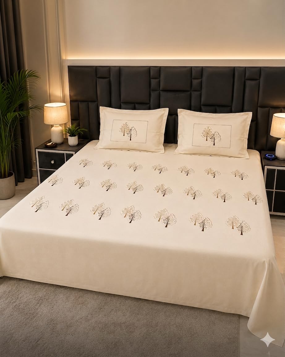 Premium Embroidery Bedsheet, Soft & Comfortable, Elegant Design Tree Embroidery, with 2 Pillow Covers (Beige)-image-15