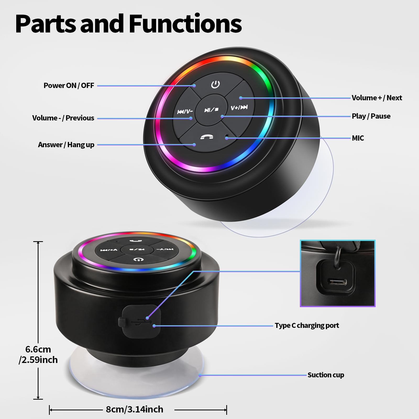 Bluetooth Duschlautsprecher, Tragbare Bluetooth Lautsprecher mit Saugnapf, IP67 Wasserdicht Lautsprecher mit LED Licht, Kabellos, Schwimmend, für Camping Strand Reisen, Geschenk für Männer
