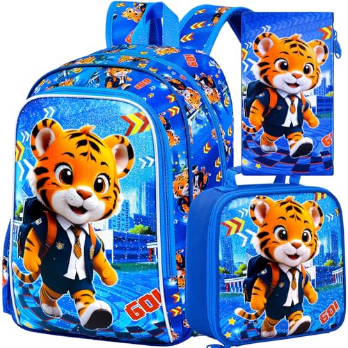 Image of 3PCS Dinosaur Backpack for Boys, 16 Inch Kids Water Resistant Preschool Elementary Kindergarten Bookbags and Lunch Box | Kids
