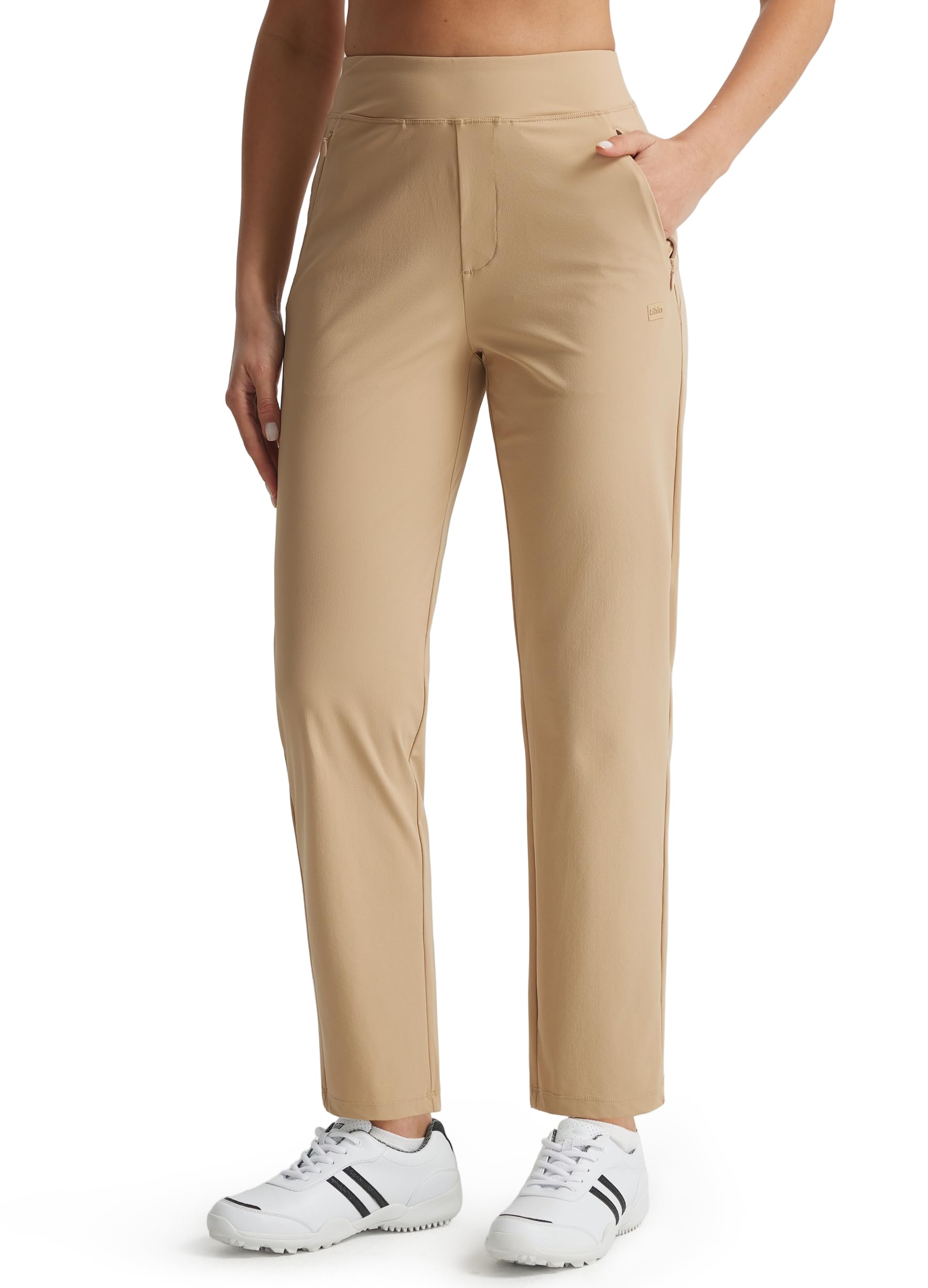 Libin Pantalones de golf para mujer, elásticos, de viaje, de cintura alta, bolsillos con cremallera, pierna recta, suaves, ligeros