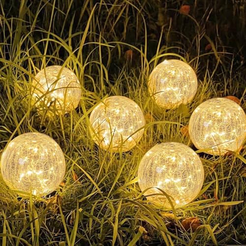 SyouHome Solar Garden Lights Outdoor Waterproof, 6 Pack LEDs Cracked Glass Ball Light, Ground Landscape Garden Decor, Solar Globe Decorative for Pathway/Patio/Lawn/Yard, 3.9'