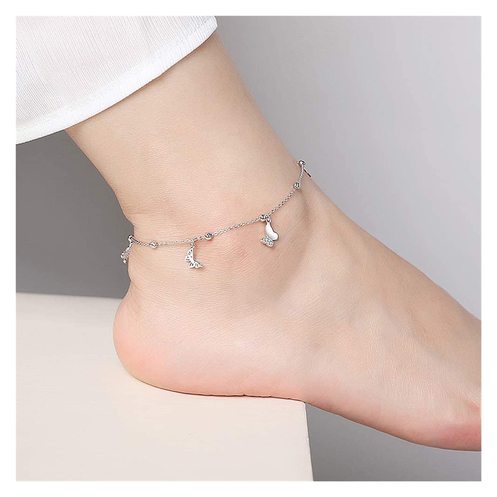 Tobillera ajustable de plata de ley 925 con diseño de mariposa, 25 cm, circonita cúbica 3A, tobillera ajustable