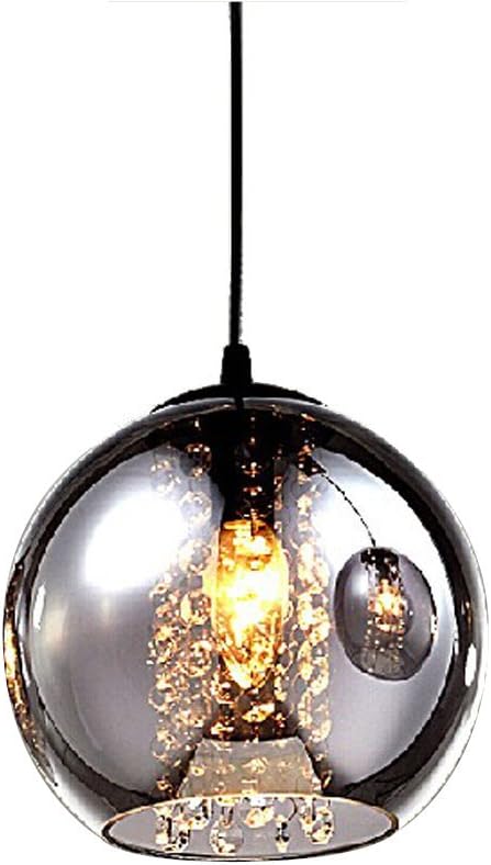 Modern Grey Glass Globe Pendant Light Fixture with Crystal Drop D7.8 for Island and Dinning Room