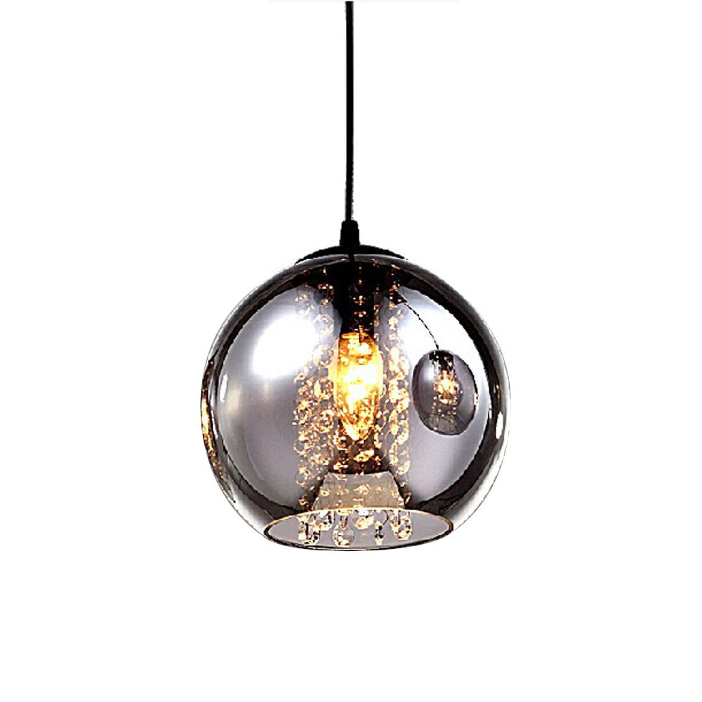 Modern Grey Glass Globe Pendant Light Fixture with Crystal Drop D7.8 for Island and Dinning Room