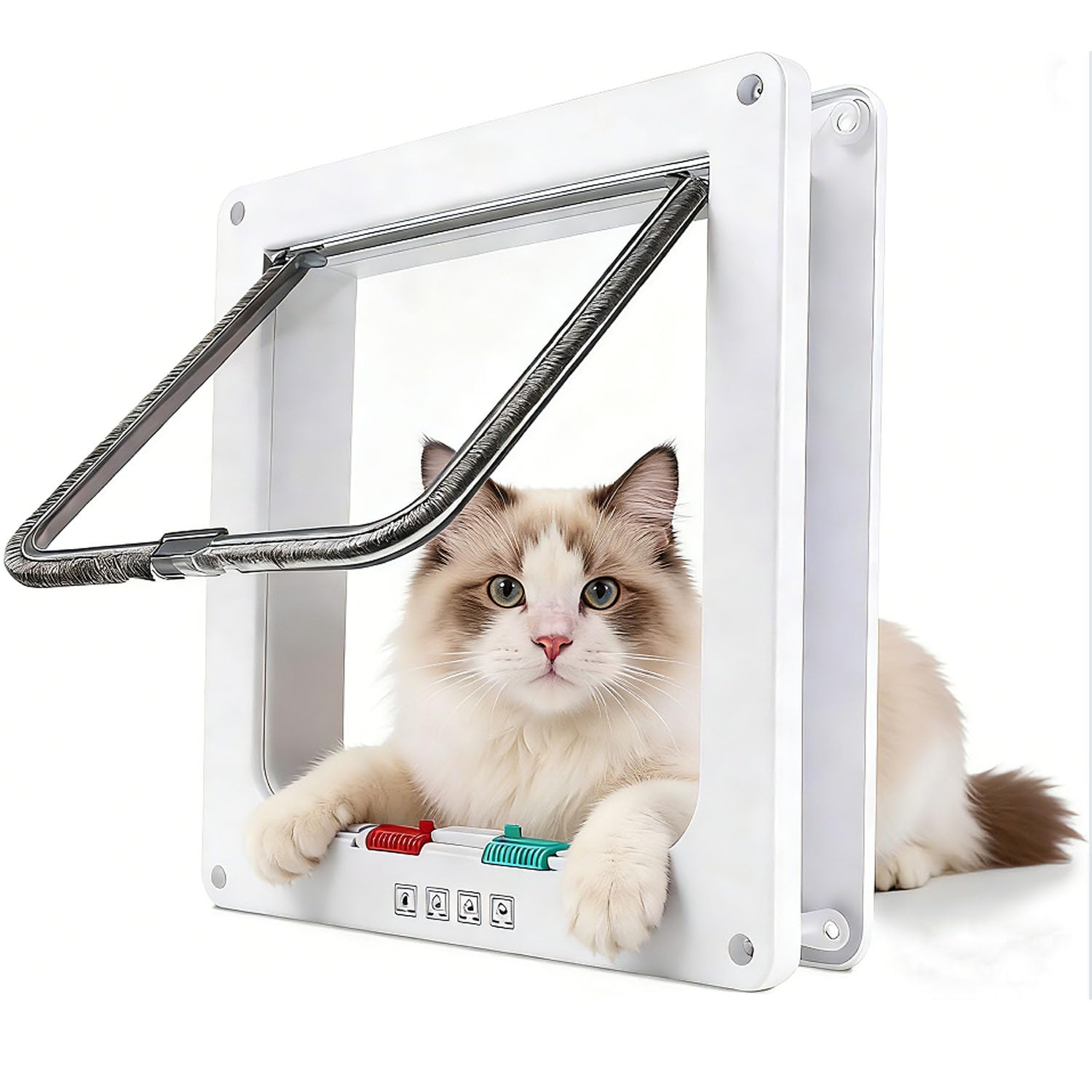 Cat Door, Safety Pet Door with 4 Way Lock, Weatherproof & Easy Installation Cat Flap Door for Interior Exterior Door, Window, Wall (White-L)