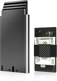 Slim Minimalist Wallet for Men with Elastic Band Cash Strap - Low Profile Aluminum Swipe Pop up Card Holder Wallet, RFID Protected Front Pocket Metal Wallet for Men, Gifts for Men Him