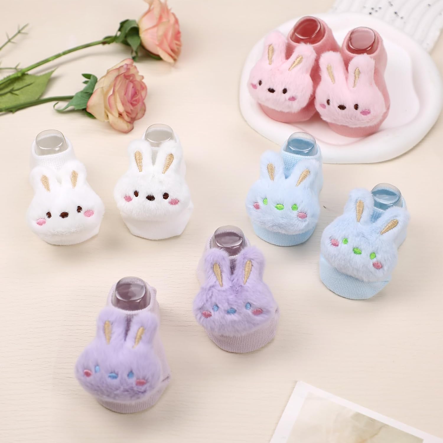 4 Pairs Baby Girl Socks with Non-Slip Grips,Cute Rabbit Low Cut Ankle Socks for Newborn Toddler Infants 0-6 Months
