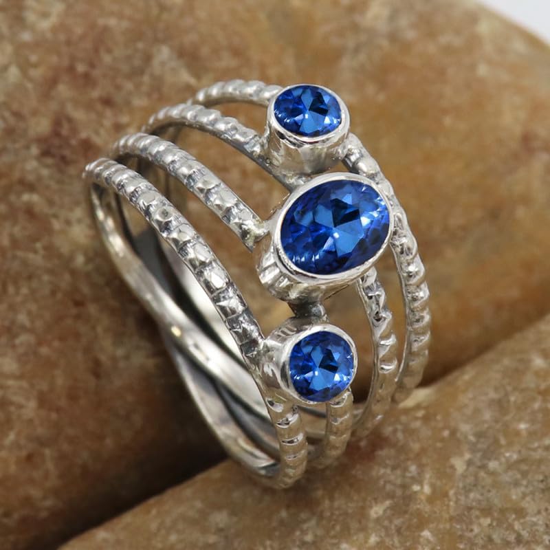 Bague argent 925 saphir bleu cultivé bijoux faits à la main - 2