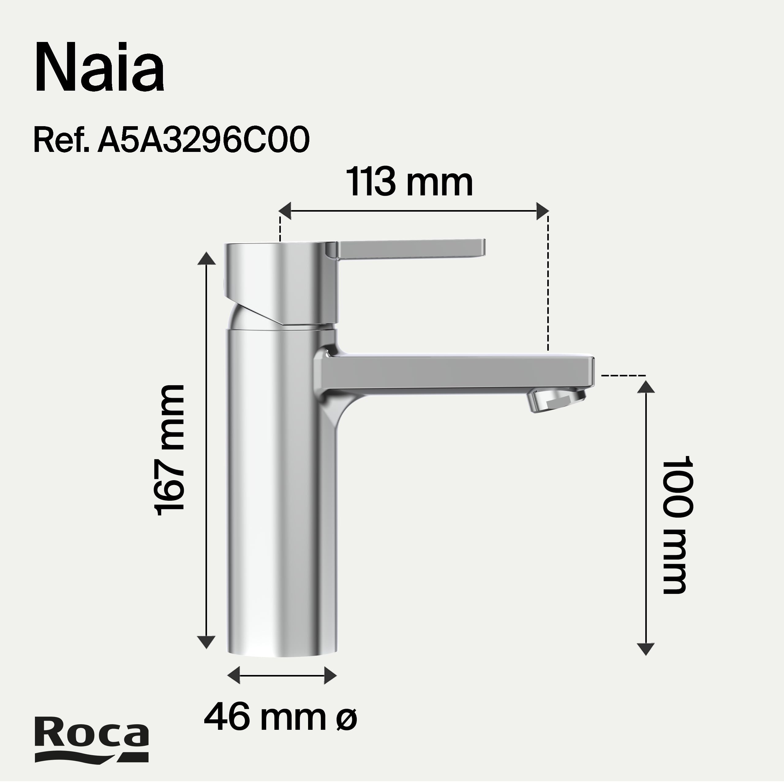 Roca Naia Grifería de lavabo con tecnología ColdStart, grifo monomando con enlaces de alimentación flexibles, mezclador de cuarto de baño con desagüe click-clack, fácil instalación, cromado A5A3296C00