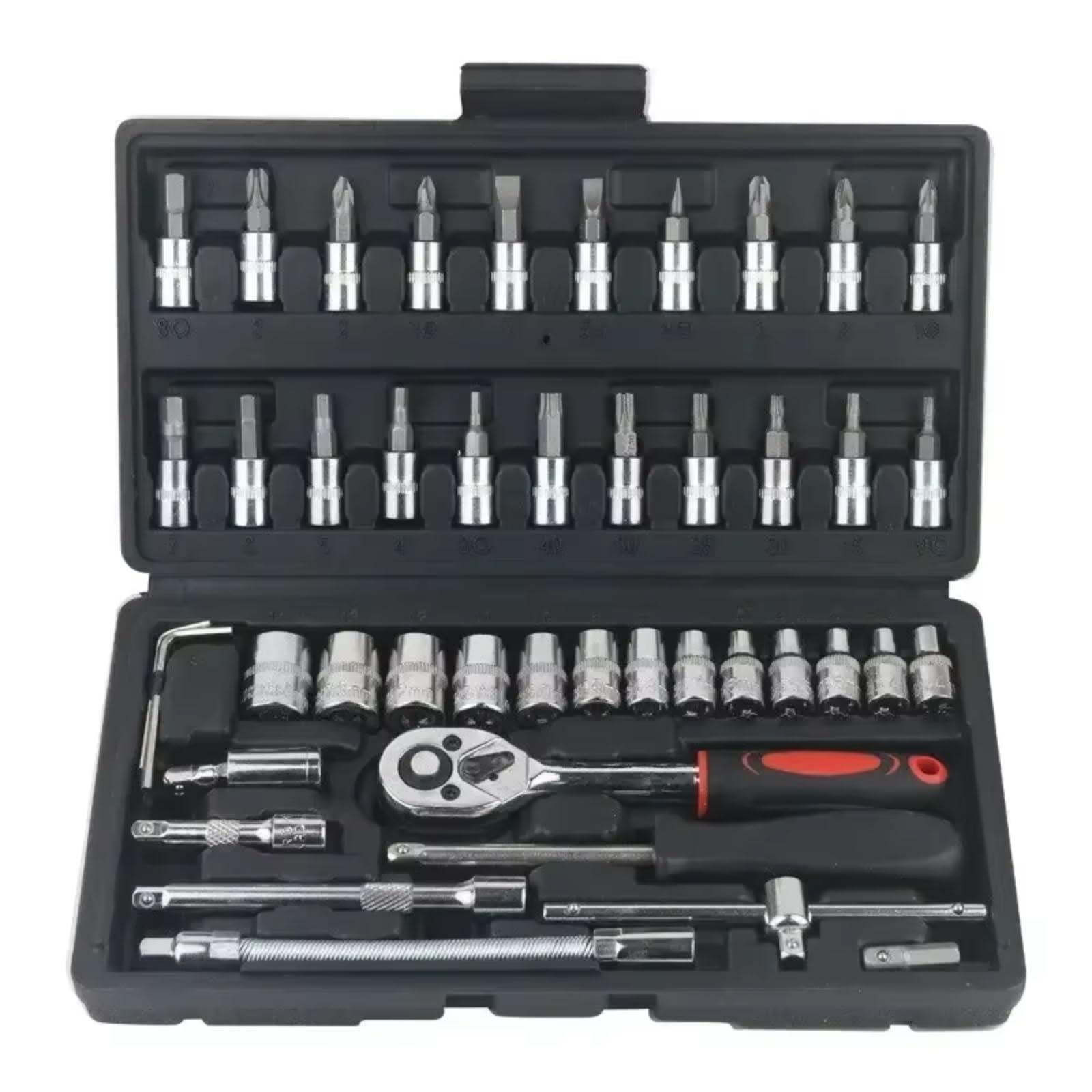 Maletín herramientas multiusos Kit Herramientas Reparación Automóviles Juego Enchufes 1/4 Pulgadas Reparación Automóviles Llave Dinamométrica Trinquete Conjunto Automática Mecánica 46 Uds.