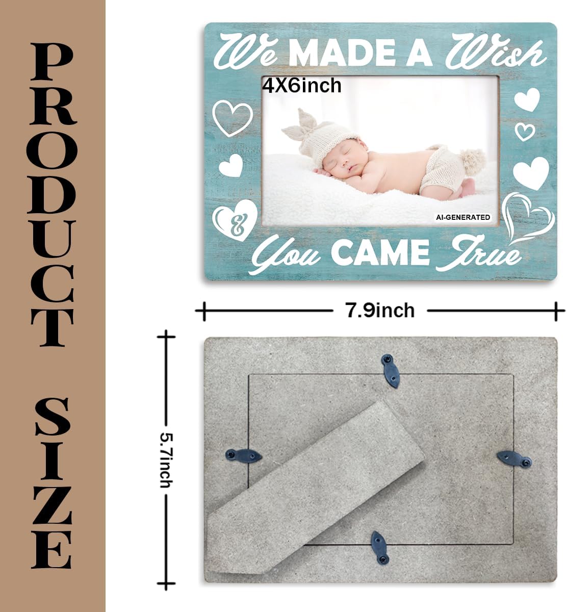Baby Picture Frame, Rustic Wooden Photo Frame with Heart Design, "We Made A Wish & You Came True", Newborn Baby Gift, Nursery Room Decor, Holds 4x6 Inch Photo image 2