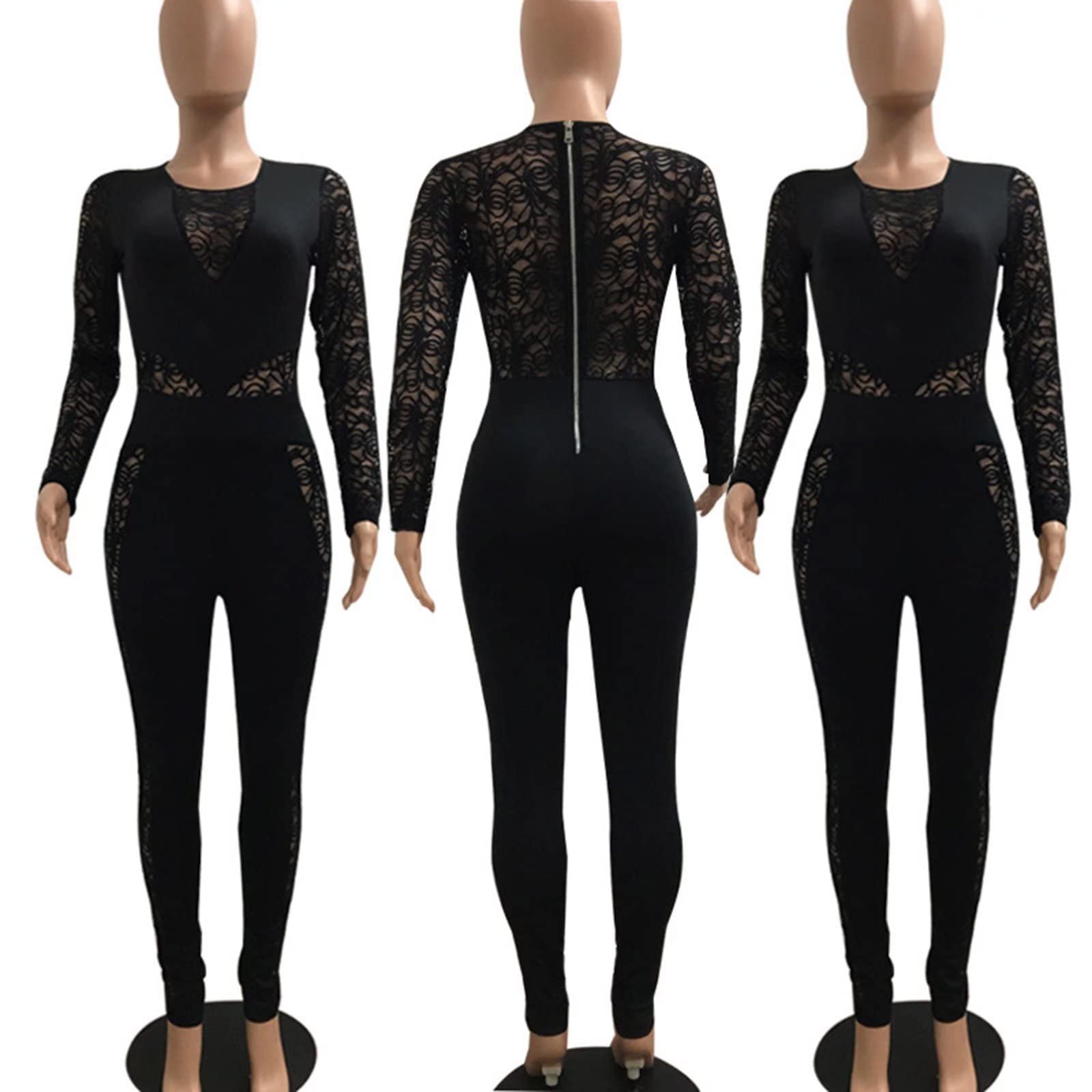 Mintsnow Sexy Mesh Patchwork Tute per le donne Elegante manica lunga fasciatura un pezzo partito lungo Body, Nero – pizzo., X-Large