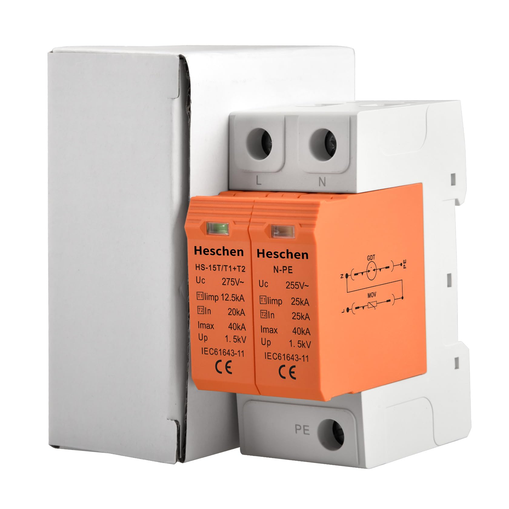 Heschen Dispositivo de protección contra sobretensiones SPD, HS-15T Descargador combinado tipo T1+T2, 1+N-PE 275 V AC, 40 kA, ignífugo, montaje en carril DIN de 35 mm, CE