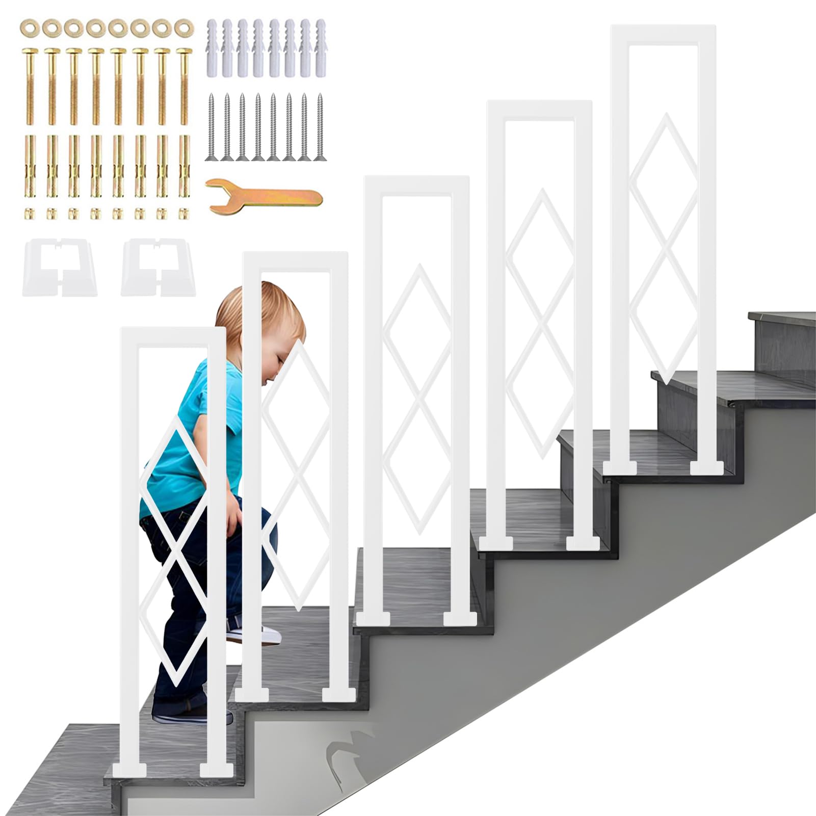 Barandilla de Escalera Interiores en Forma de U con Patrón de Diamante, Pasamanos Antideslizantes de Seguridad, Modernos Balaustre Decorativas para Escalones, Pasillo, Ático (Blanco, 90cm)