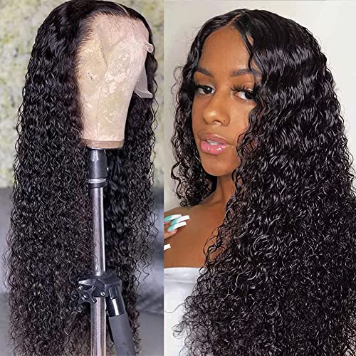 FLYBAO HD Transparent Lace Front Wigs Human Hair 20inch Water Wave Human Hair Wig Pre Plucked 180% Density Wet and Wavy Lace Front Wigs Human Hair for Women 4x4 Curly Wig Natural Color
