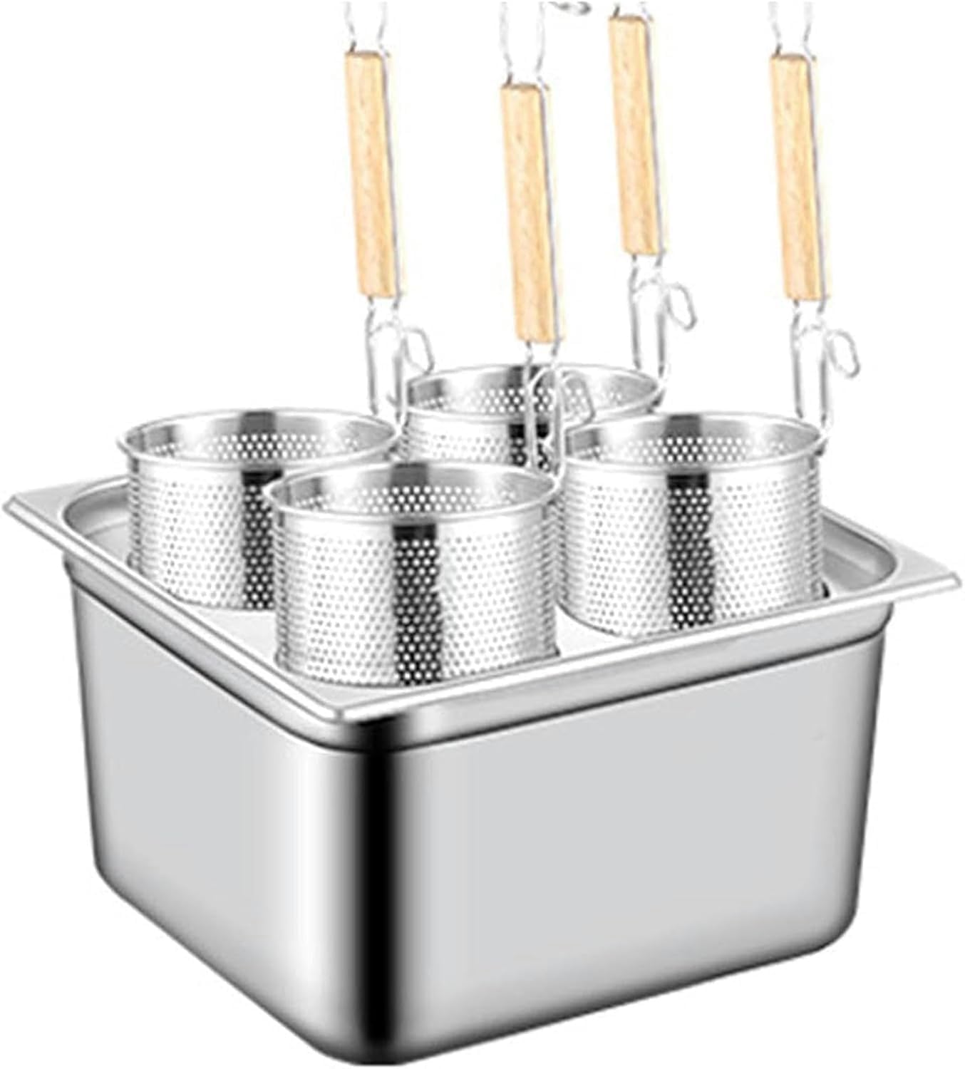 Olla de pasta con colador, olla cuadrada de acero inoxidable para fideos y verduras, diseño de 4 agujeros, ideal para uso comercial en cocina, duradera y versátil