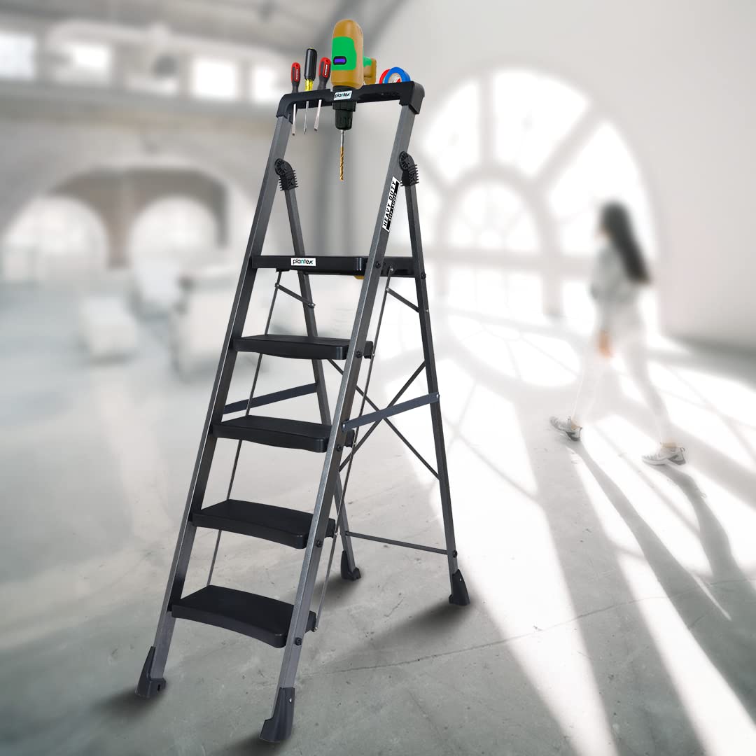 Plantex Hulk 5 Step Ladder for Home/Heavy-Duty Mild-Steel/Advanced Locking System/Anti-Skid Wide Step Ladder(Grey-Metallic)