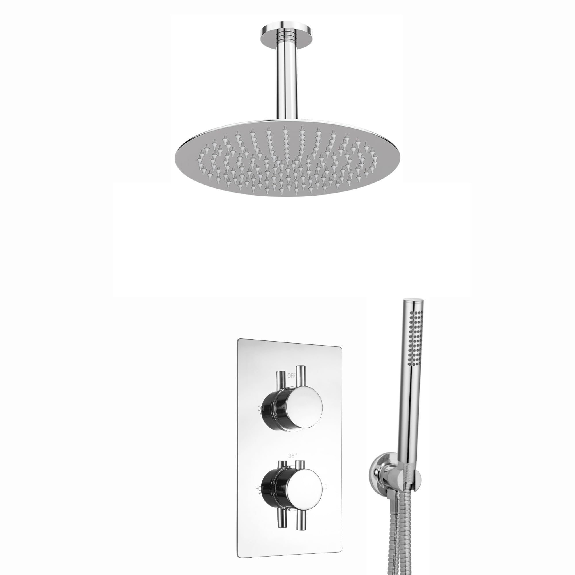 ENKI, Naples, SH0044, Contemporary Cross Concealed Thermostatic Shower Set Incl. Twin Valve, Ceiling Fixed 8" Shower Head, Handshower Kit - Chrome (2 Outlet)