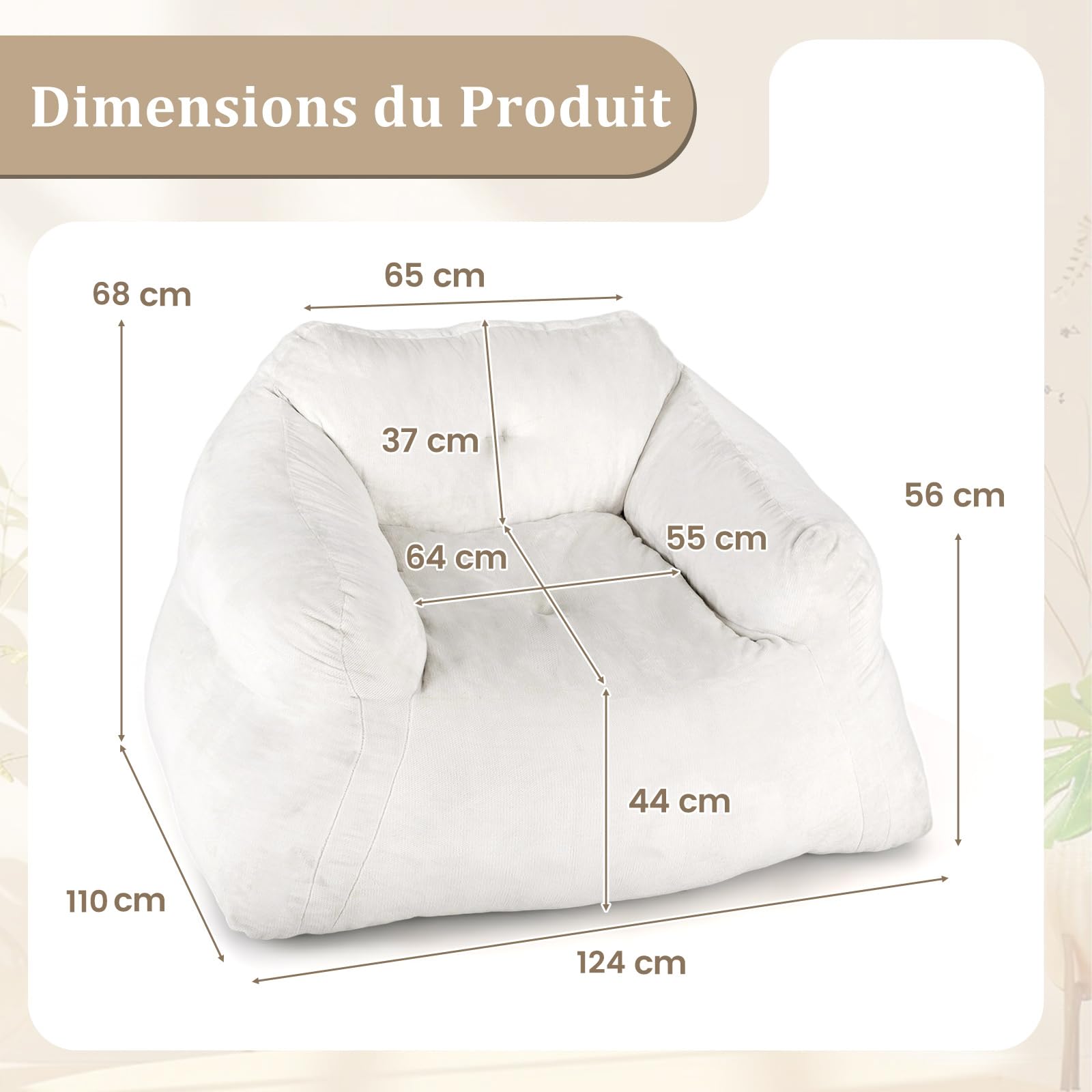 COSTWAY Fauteuil Poire pour Salon, Canapé Moelleux en Velours Ultra-Doux Convient pour Enfant, Ado & Adulte, Fond Antidérapant, Fauteuil de Sol Rembourré pour Salon, Chambre, 110 x 124 x 68 cm, Beige