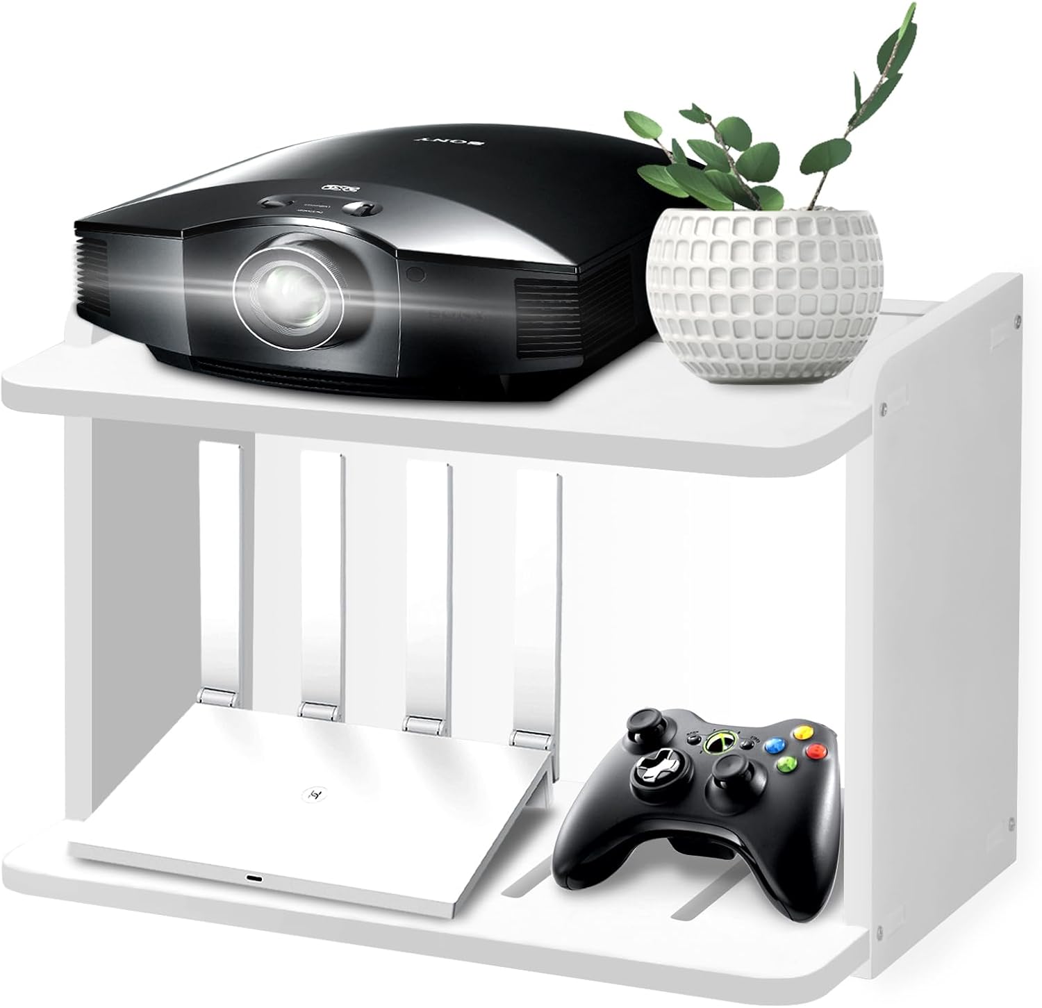 Projector Shelf for Wall Thickened Big Space Heat Dissipation 2 Layers Shelf for Projector, WiFi Router Projectors Shelf Projector Wall Mount Floating Wall Shelf White for Home