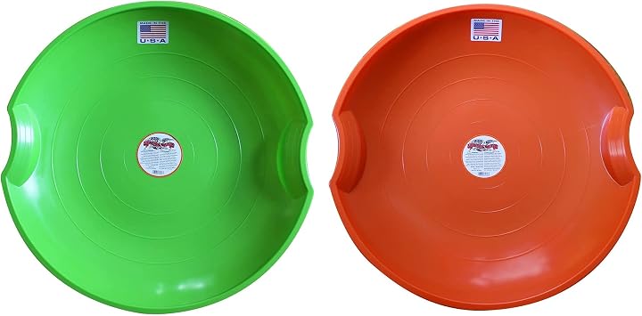 Paricon Flexible Flyer Round Flying Saucer Disc Racer Polyethylene Snow Sled Toboggan, for Ages 4 & Up, 26" Diameter, Green/Orange 2 Pack