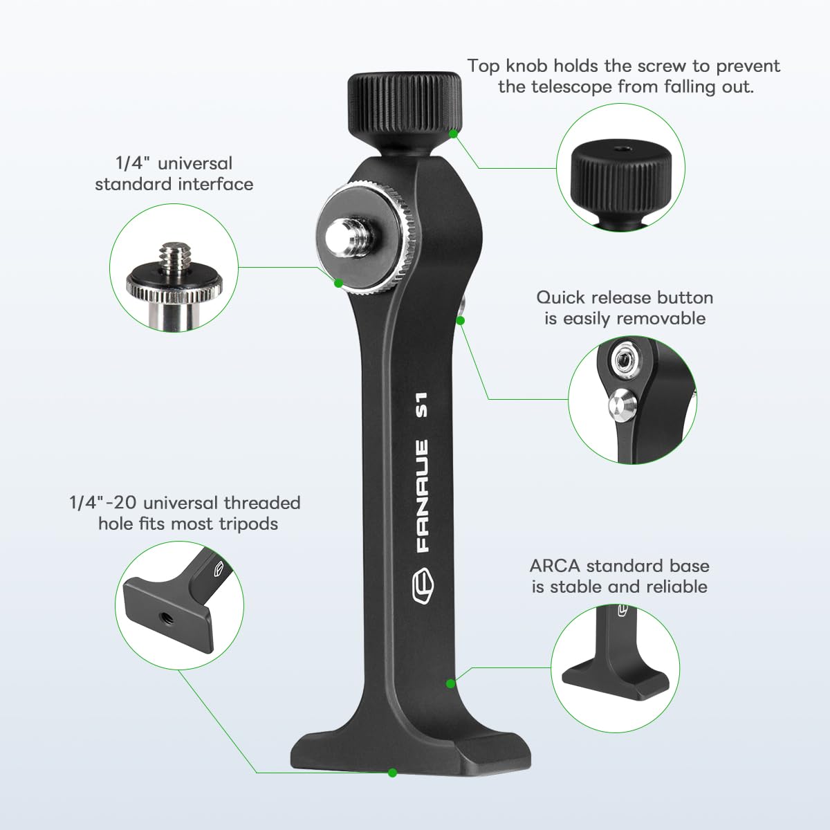 FANAUE Adaptateur trépied pour jumelles avec filetage 1/4-20", compatible ARCA SWISS, adapté pour l'observation des oiseaux, la chasse, l'observation de la faune, etc.