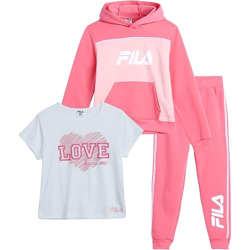 Fila Girls Active Sweatsuit Set - 3 Piece Performance Fleece Hoodie Sweatshirt, Jogger Sweatpants, Tee - Activewear Set, 7-12